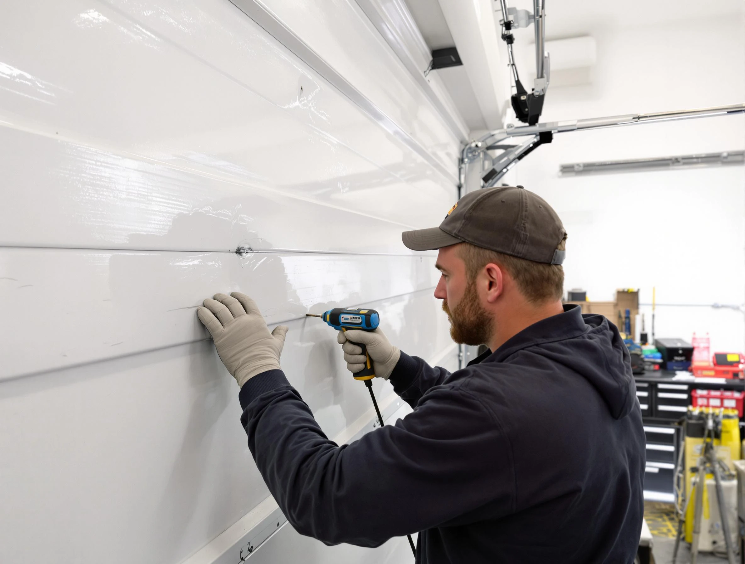 Scottdale Garage Door Repair technician demonstrating precision dent removal techniques on a Scottdale garage door