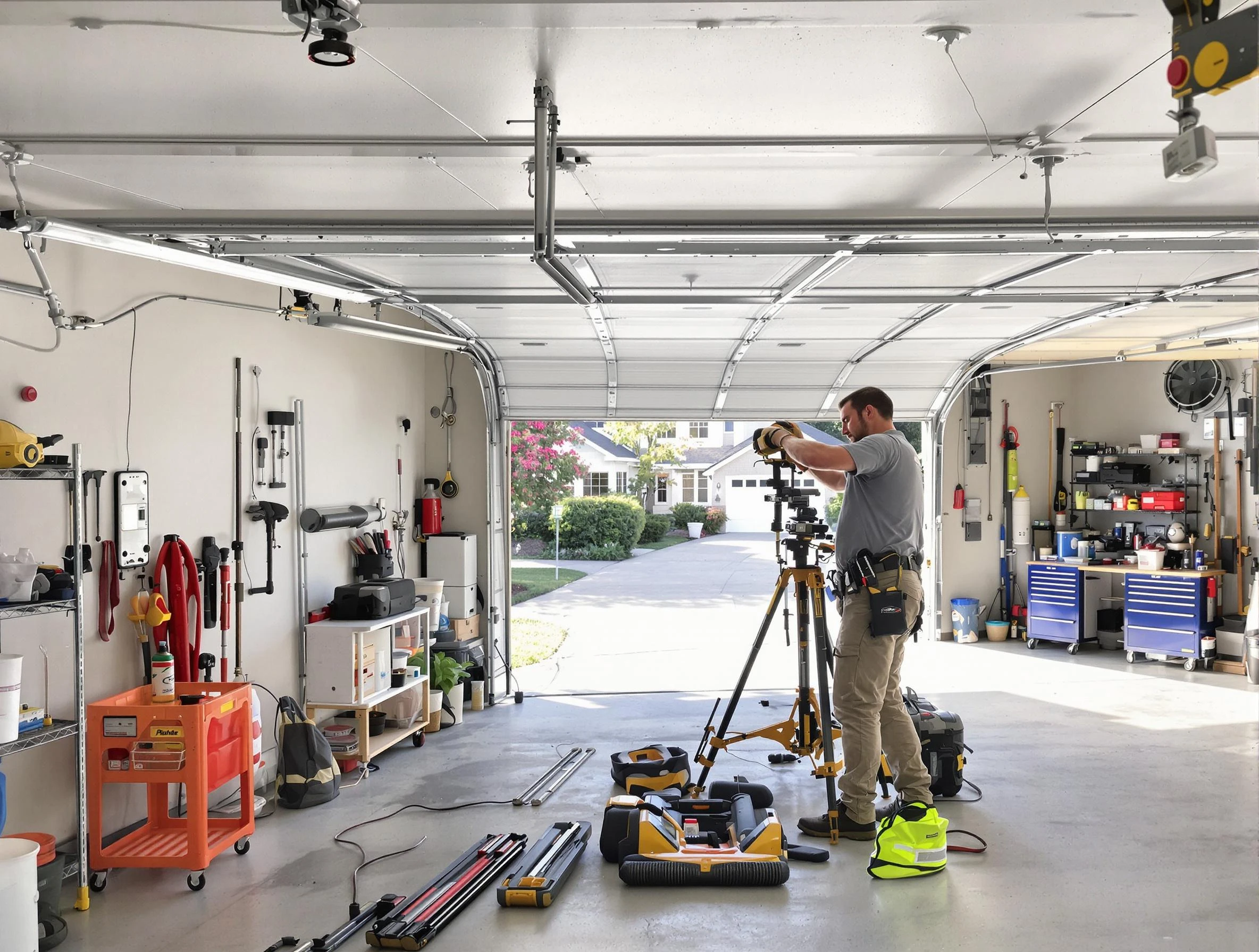 Scottdale Garage Door Repair specialist performing laser-guided track alignment in Scottdale